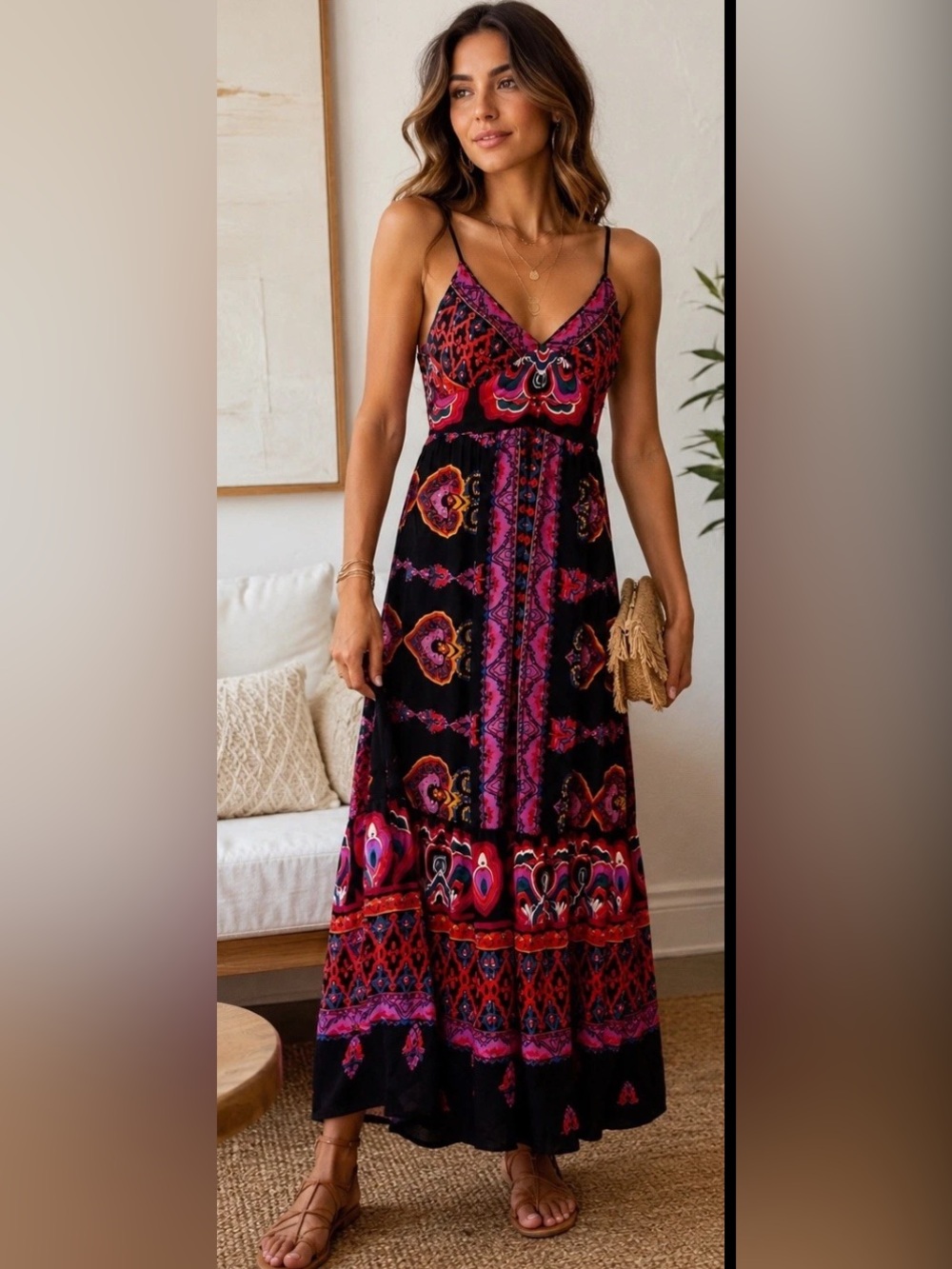 Angie Maxi Dress Womens Small Boho Floral Spaghetti Strap Rayon NWT